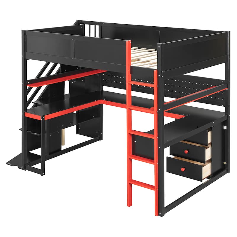 Gaming Loft Bed with Desk - Full/Twin, Includes Storage Stairs, Shelves & Pegboard