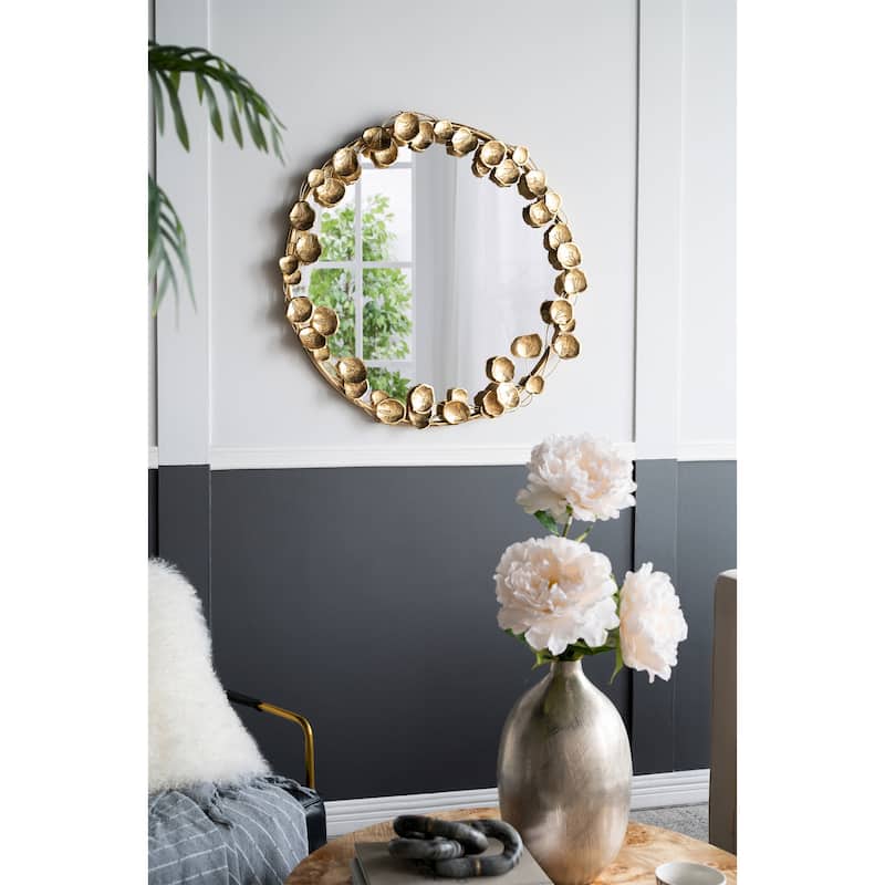 Round Metal Wall Mirror with Golden Leaf Accents