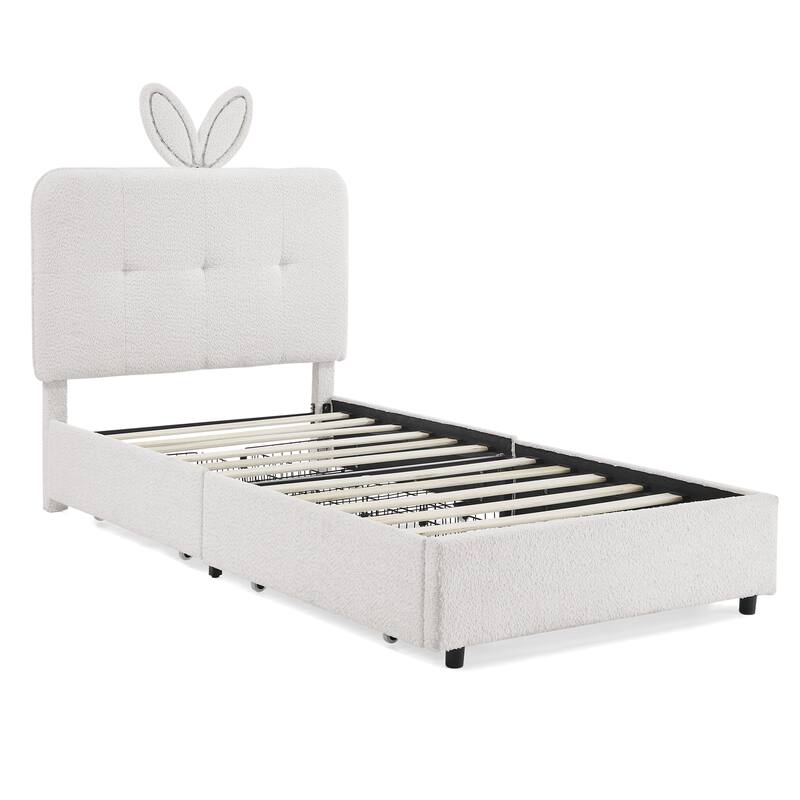 Kids Boucle Upholstered Bed with Rabbit Ear Headboard, LED Music Sync & 4 Drawers
