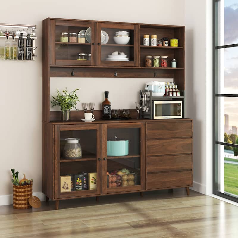 Kitchen Hutch Cabinet with Drawers and Glass Doors, Pantry Cabinets with Shelves, Storage Buffet with Microwave Shelf