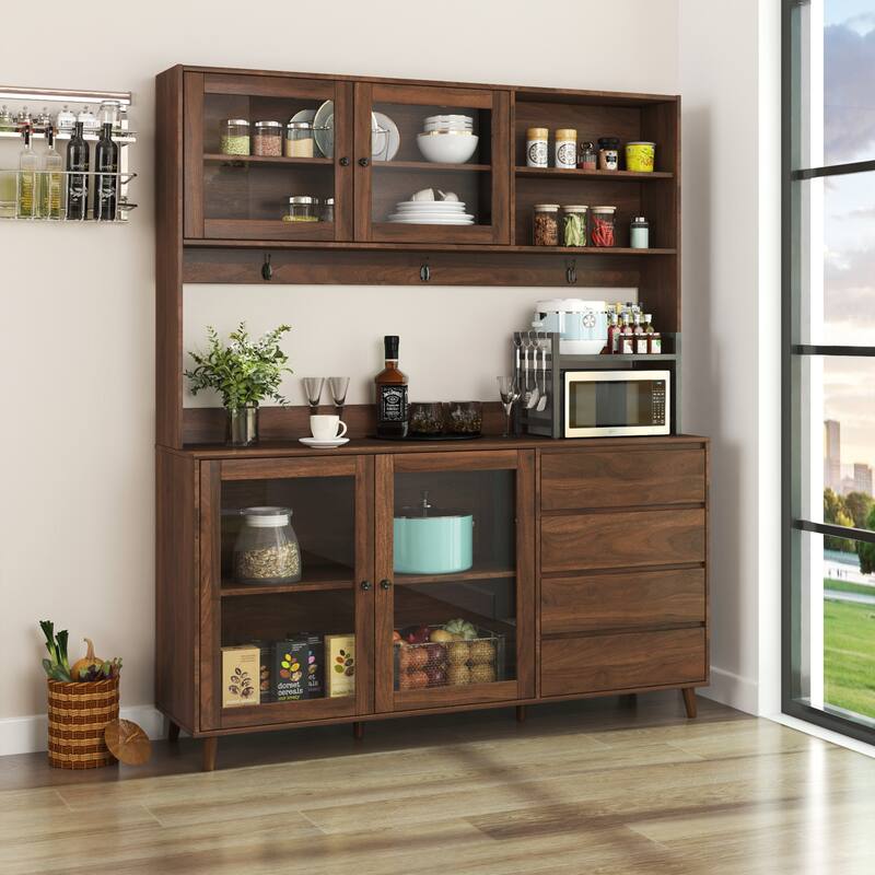 Modern Large Kitchen Hutch Cabinet with 4 Doors, 4 Drawers and Microwave Shelf