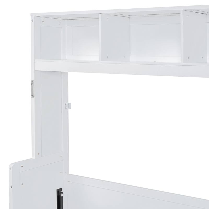 Queen Size Wall Bed with Closet and Drawers, Space-Saving Design, White/Gray