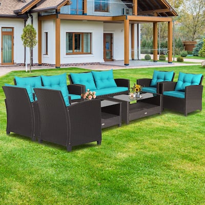 8 PCS Patio Rattan Furniture Set Glass Table Shelf Sofa Cushion
