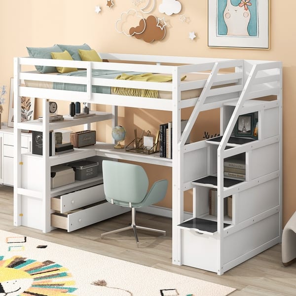 slide 2 of 32, Functional Twin Size Wooden Loft Kids Bed with Desk and Shelves,Two Built-in Drawers,Storage Staircase White