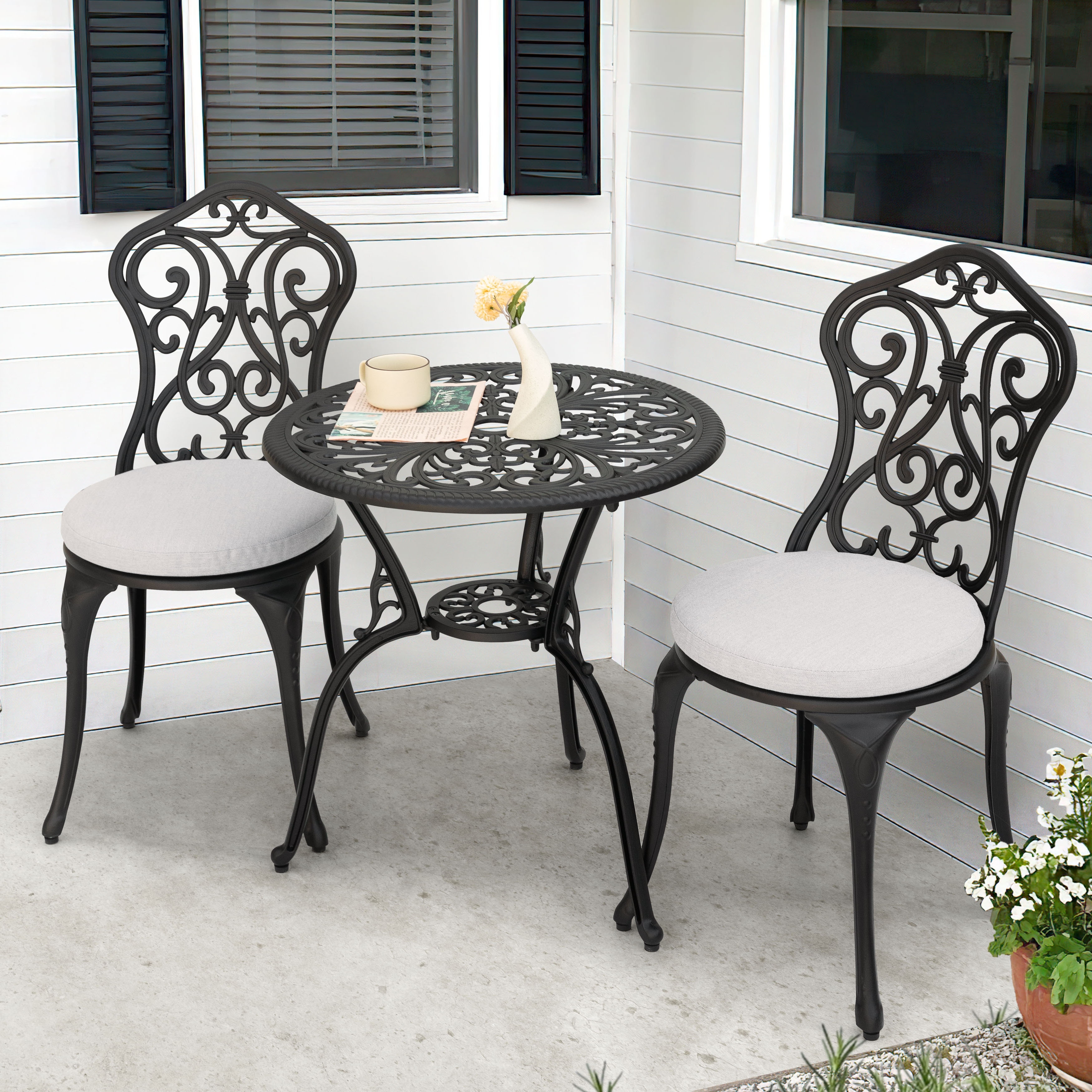 Nuu Garden Patio 3-Piece Cast Aluminum Bistro Set with Cushions, Umbrella Hole
