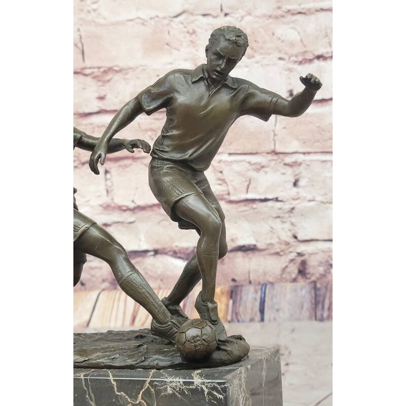 Bronze Soccer Players Sculpture – Dynamic Dual-Player Figurine On Marble Base