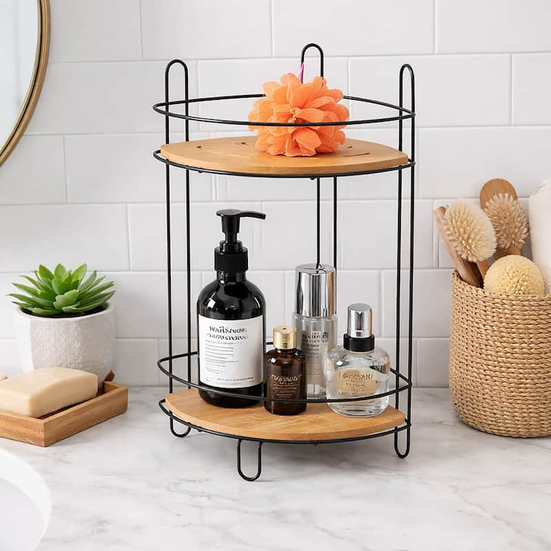 Corner Bathroom Organizer Storage Tower 3 or 2 Shelves Bamboo Black Metal