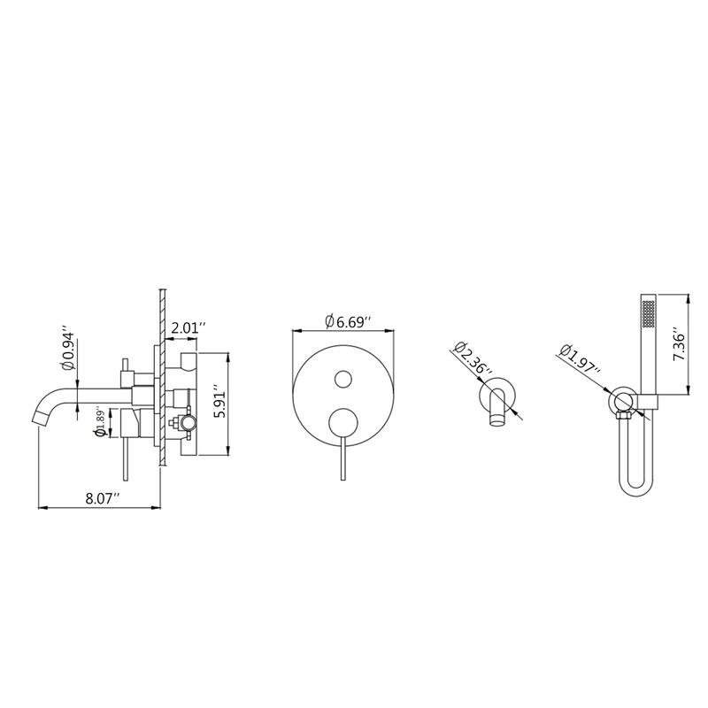 Modland Luxury Wall Mounted Bathtub Faucet With High-pressure Handheld Shower and Tub Spout