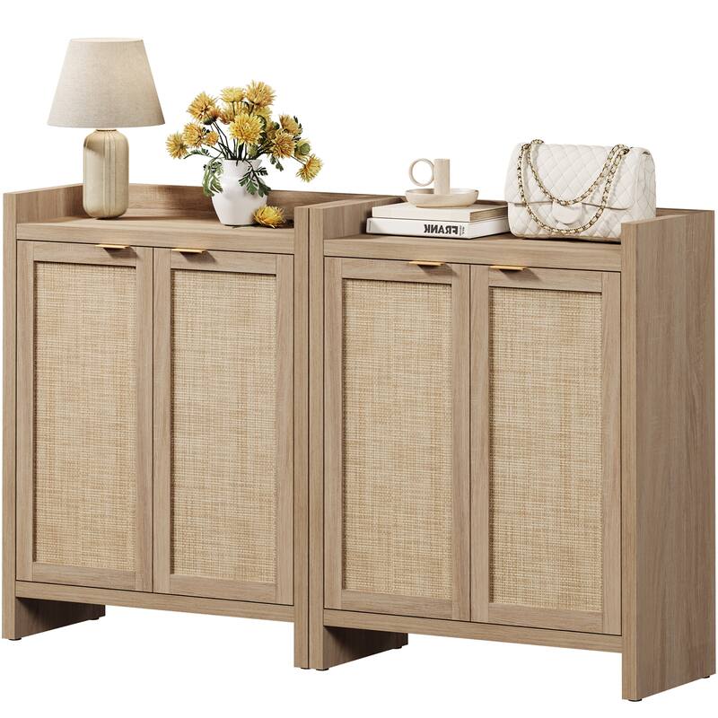 Set of 2 Modern Natural Rattan Shoe Cabinets - 41 x 32.4 x 14.8 - Light