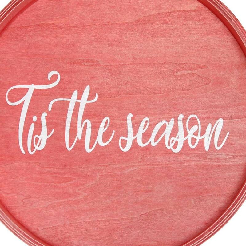 HomeRoots 14" Red And White Tis The Season Round Serving Tray With Handles - 13.75 in. x 1.65 in. x 13.75 in.