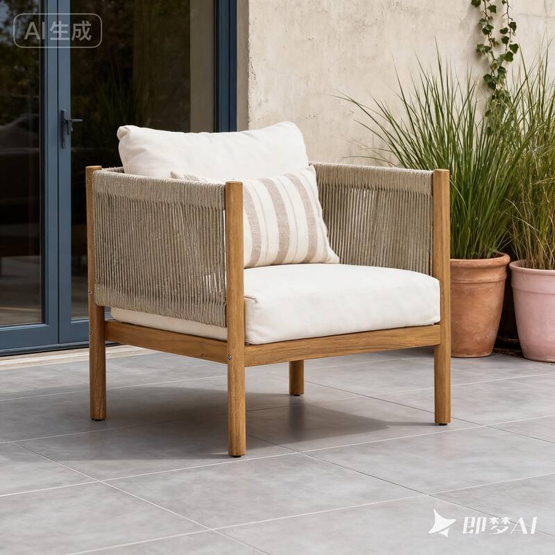 Christopher Knight Home - Outdoor Acacia Wood Club Chair with Rope Panels and Cushions - Single - Beige+Teak