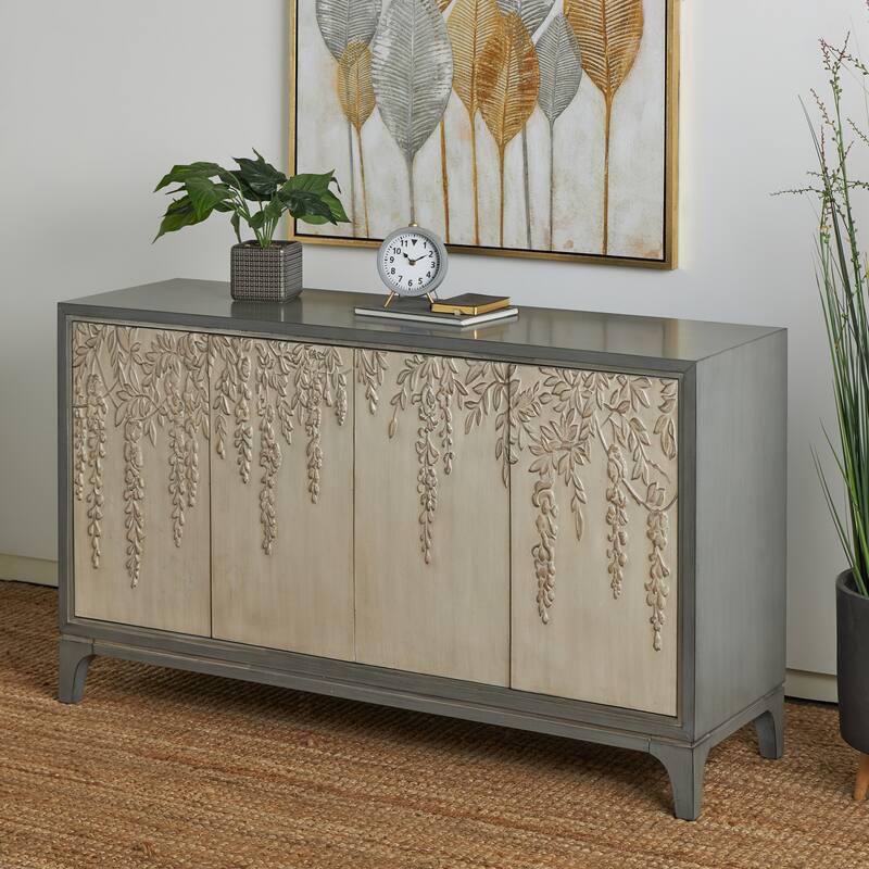 Wooden Floral Relief 4 Door Sideboard with Cream Front Doors and Cascading Leaf Design - Gray - Roche River Decor