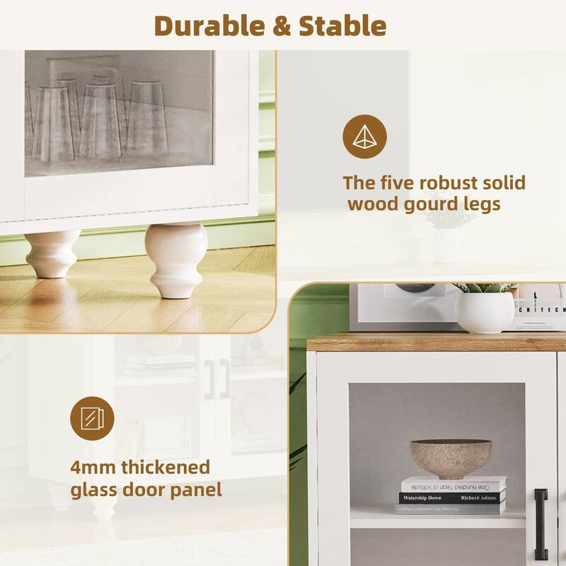 Farmhouse TV Stand for TVs Up to 70", Glass Door Sideboard with Adjustable Shelves and Wood Legs