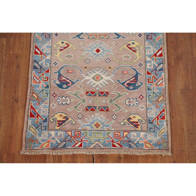 Geometric Kazak Oriental Runner Rug Handmade Red Wool Carpet - 2'7" x 9'7"