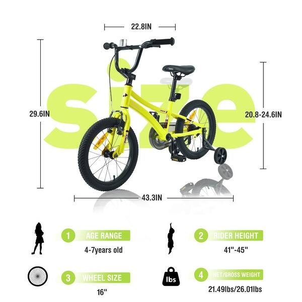 Kids Bike, Kids' Bicycle with Training Wheels, Yellow