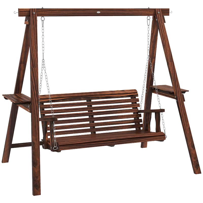 Outsunny 2-Seat Porch Swing Loveseat with Stand and Side Tables, Wooden Patio Swing Chair, for Garden, Poolside, Backyard