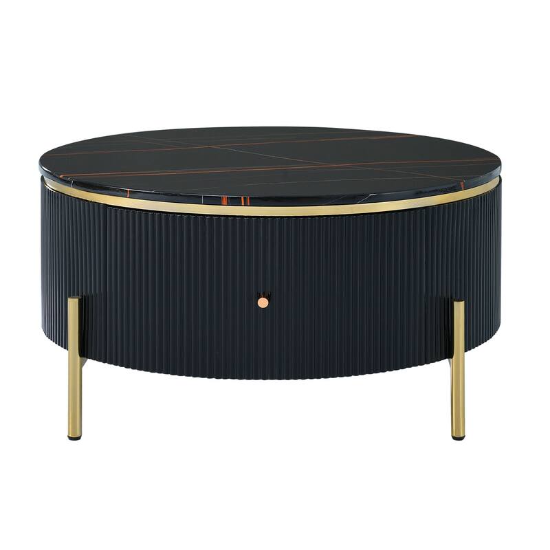 Modern Round Coffee Table with 2 large Drawers Storage Accent Table - Black