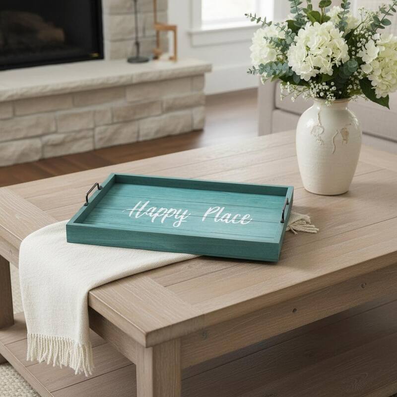 HomeRoots 16" Aqua And White Happy Place Serving Tray With Handles - 15.50 in. x 2.25 in. x 12.00 in. - White/Aqua - 15.50 in. x 2.25 in. x 12.00 in.
