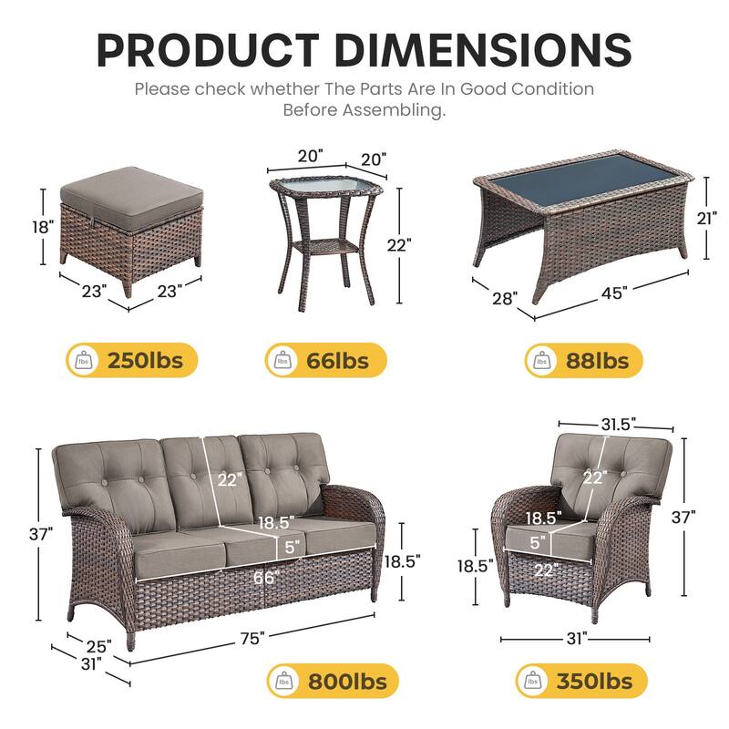Gymojoy Outdoor Wicker Patio Furniture Set, 5" Thick Cushioned Rattan Conversation Set with Sofa & Chairs