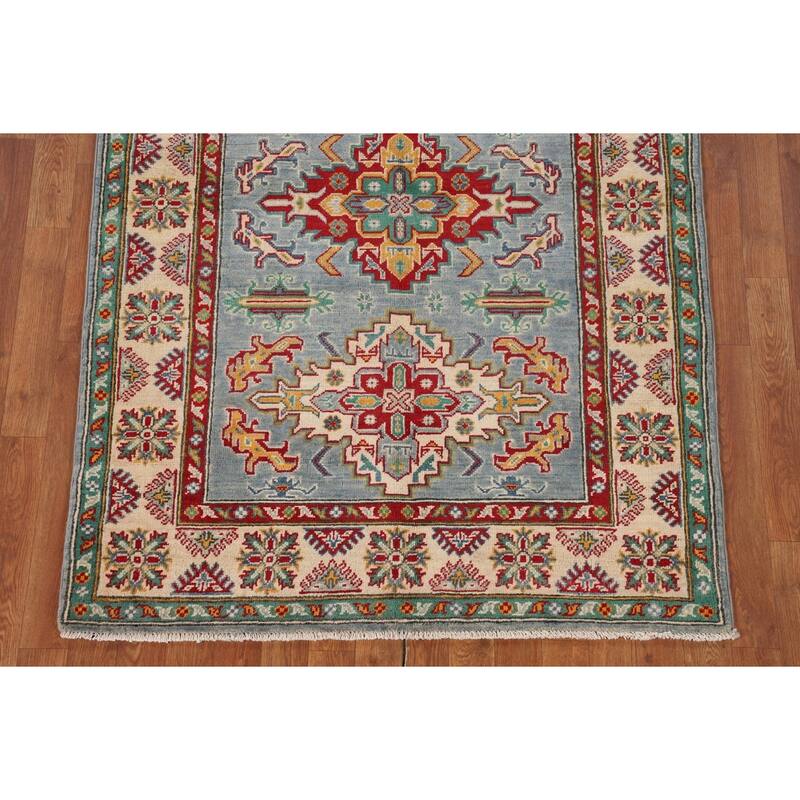 Light Blue Oriental Kazak Area Rug Hand-Knotted Wool Carpet - 4'0" x 6'0"