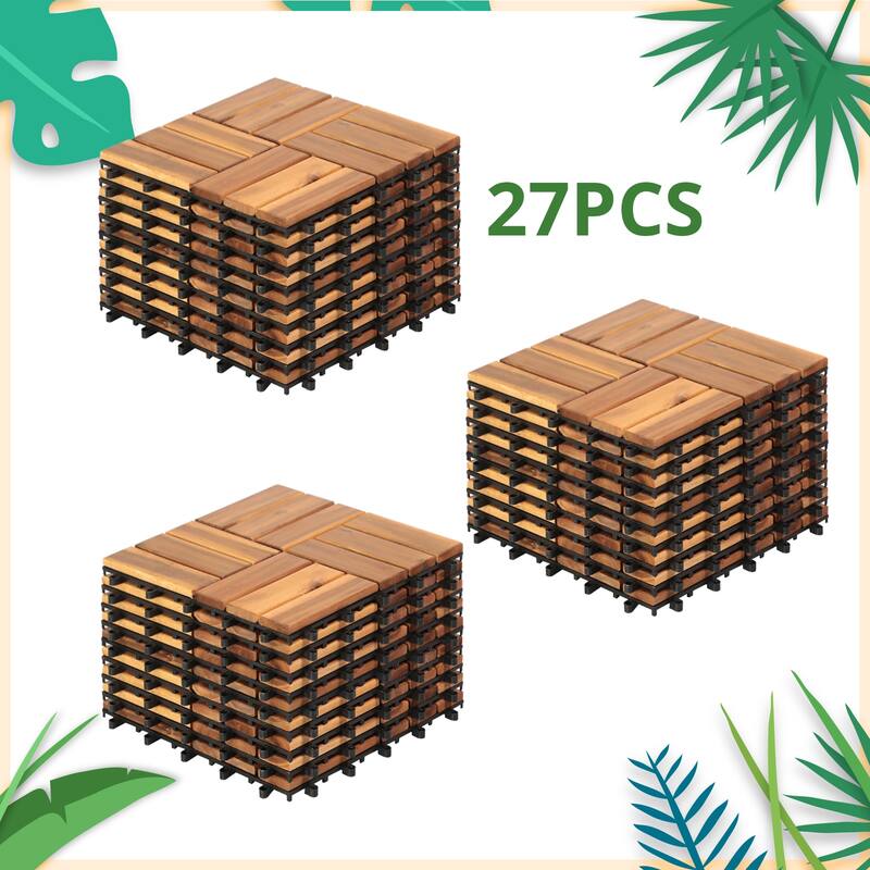 12 x 12 Inch Solid Wood Acacia Interlocking Flooring Tiles, Mosaic Pattern Patio Deck Tiles (Natural Color, 12 Slats) - 12”x12”x0.93” - Pack of 27
