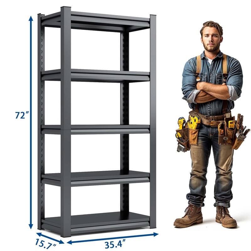 5-Tier Adjustable Heavy Duty Metal Storage Shelves, Black, 72"H