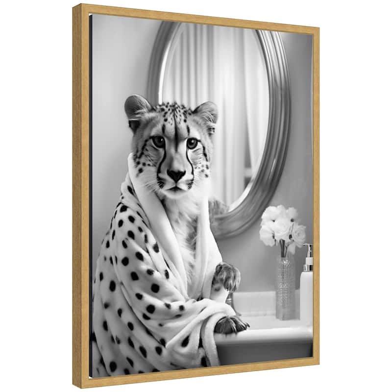 Kate and Laurel Sylvie Cheetah Glam Bathroom Towel Robe Black and White Framed Canvas by The Creative Bunch Studio - 18x24 - Yellow