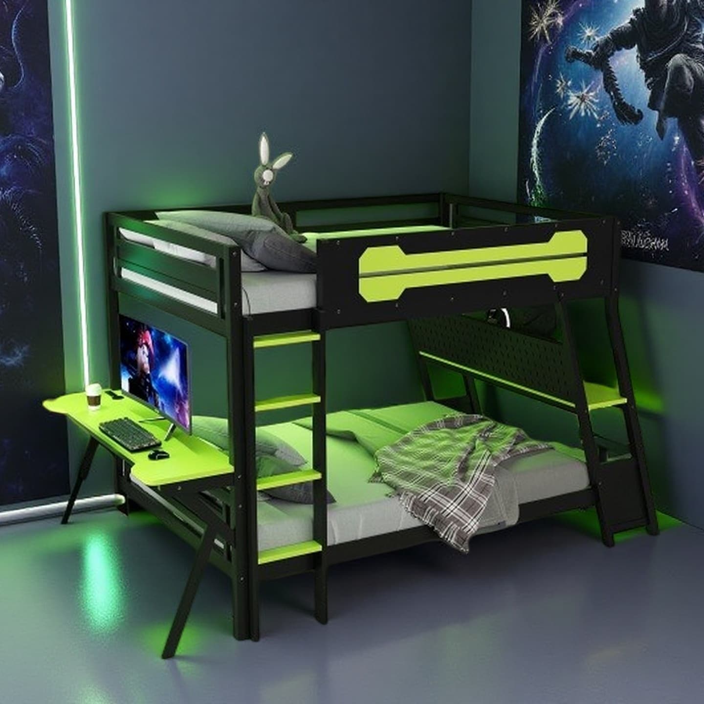 Twin Gaming Bunk Bed with Dual Workstations, Built-In USB Charging, Pegboard Accessory Storage
