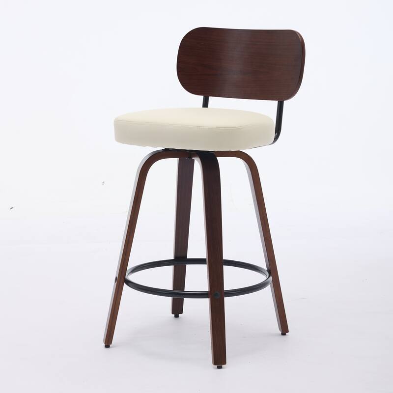 Swivel Bar Stools Set of 2, 26" Upholstered Faux Leather Counter Height Barstools with Walnut Back & Bentwood Legs