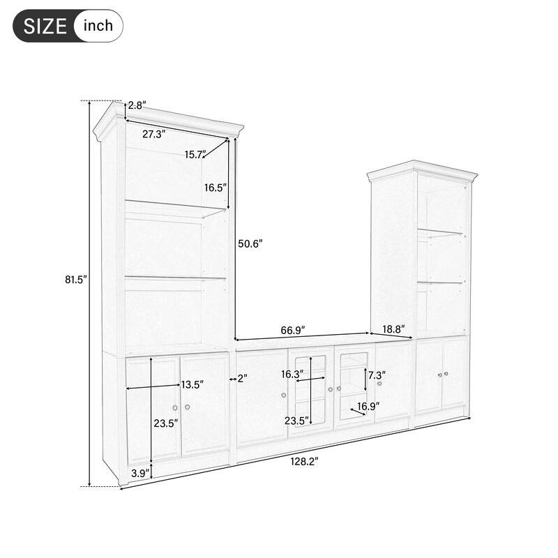 Modern 128.2" Wall Unit Entertainment Center for TVs up to 80", TV Stand Media Console with Bookshelves and Glass Cabinets