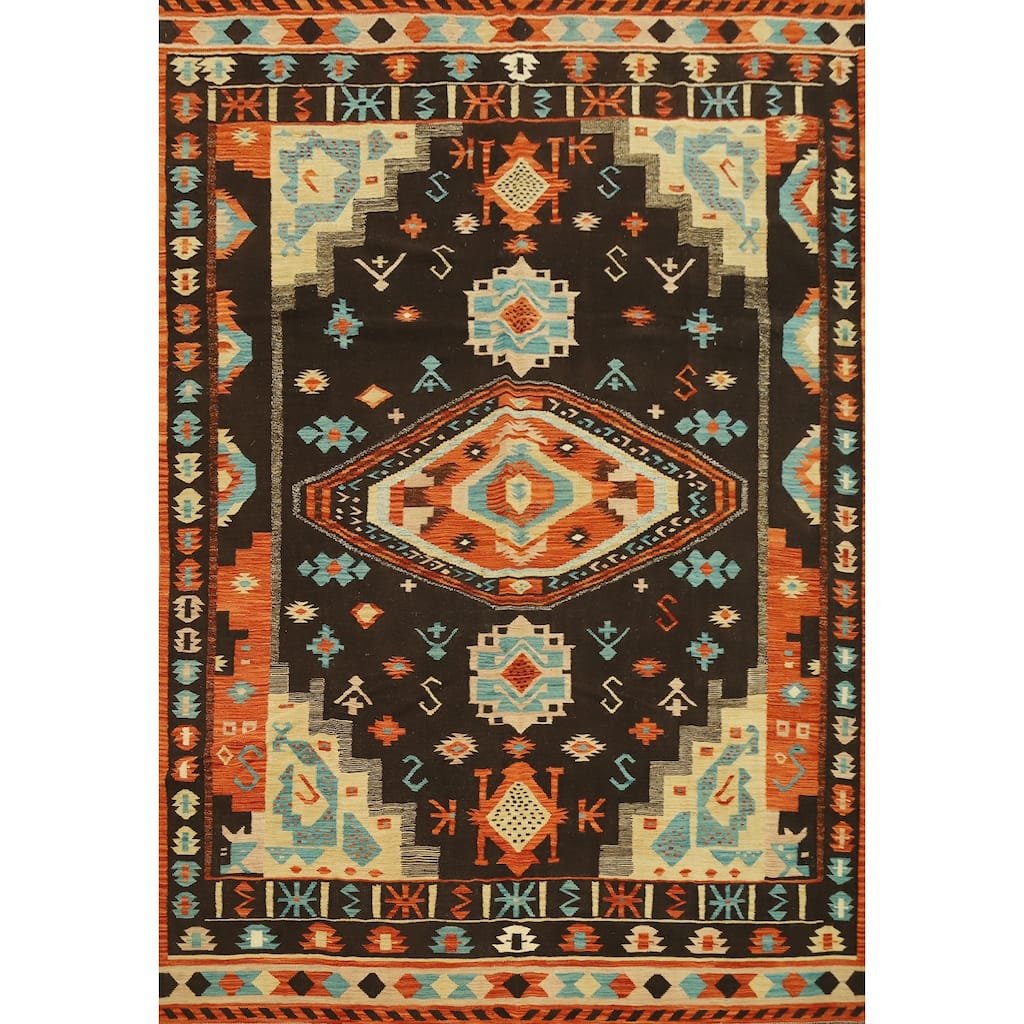 Hand Woven Oriental 100% Wool Carpet Southwestern Tribal Black Kilim Area Rug - 9' 8'' X 8' 1''