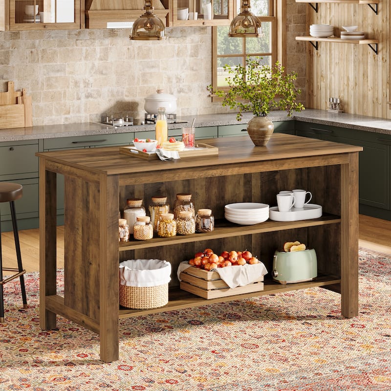 59-Inch Large Farmhouse Kitchen Island with Storage - 27.56" D x 59" W x 35.43" H - Brown