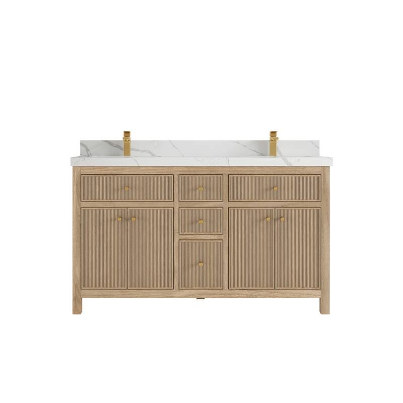 Willow Collections 60 in. W x 22 in. D Sonoma Teak Double Sink Bathroom Vanity with Countertop - 2” Calacatta Laza - Light Graywashed