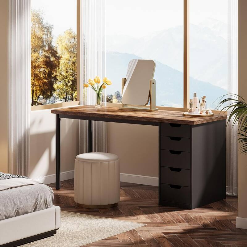 PC/Computer Desk with 5 Reversible Drawers, Home Office Desk with Storage, Laptop Desk Study Writing Table Workstation