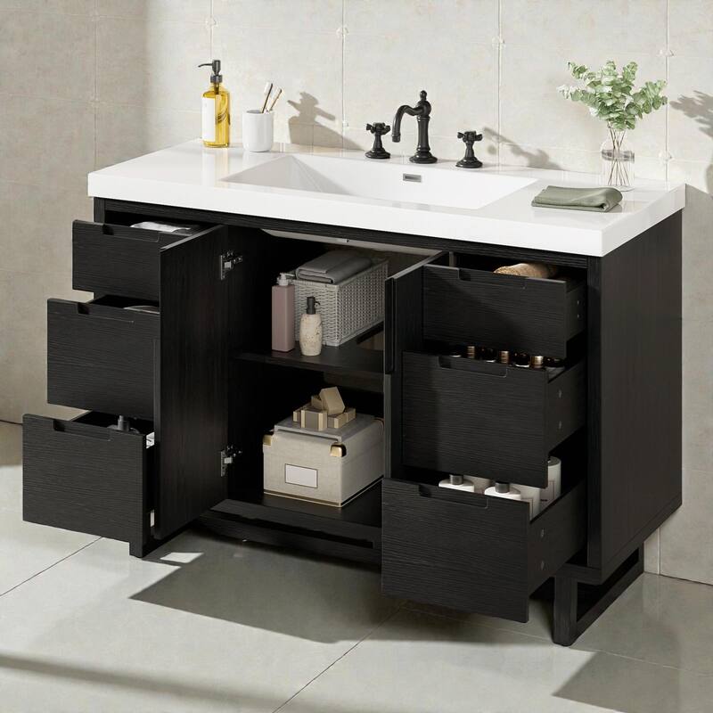 47.2" Modern Bathroom Vanity with Resin Sink, 2 Doors & 6 Drawers, Hidden Soft-Close Slides, Space-Saving Storage Cabinet