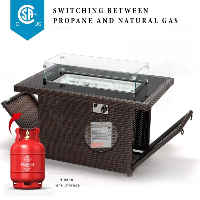 FINCATI 43" Outdoor Propane Fire Pit Table, 60,000 BTU Natural Gas Wicker Fire Pit, Patio Dual-fuel Rectangular Fireplace