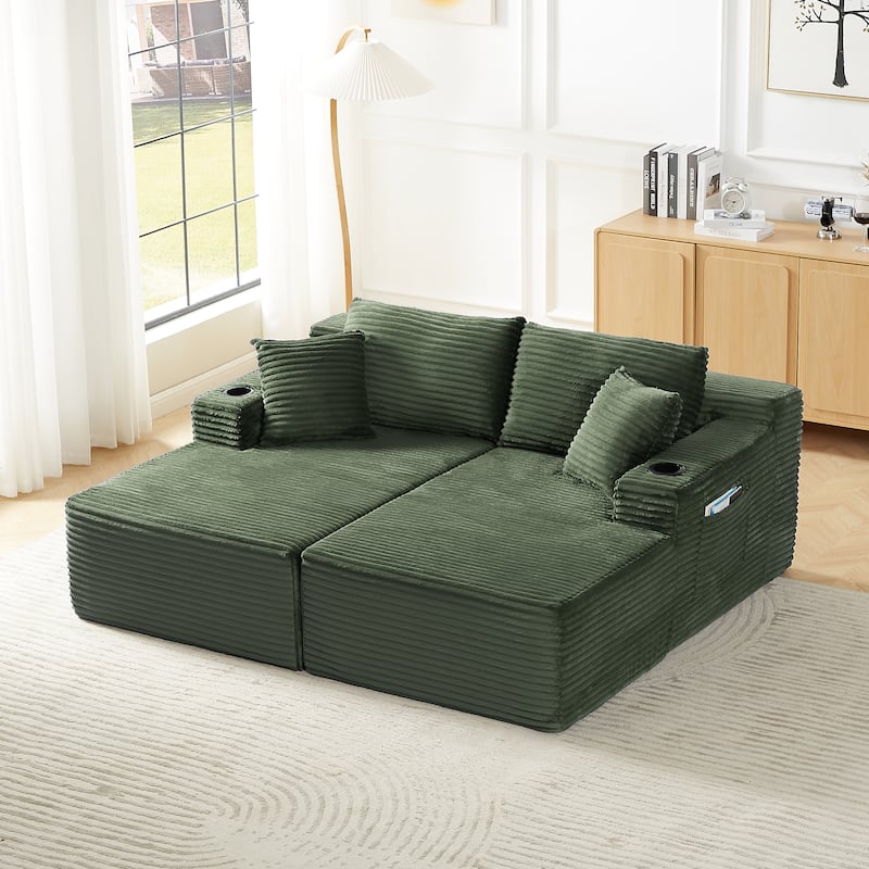 Minimalist Modular Lounge Couch U-shaped Sectional Sofa with Chaise, Corduroy Sleeper Sofa Bed with Side Pockets and Cup Holders