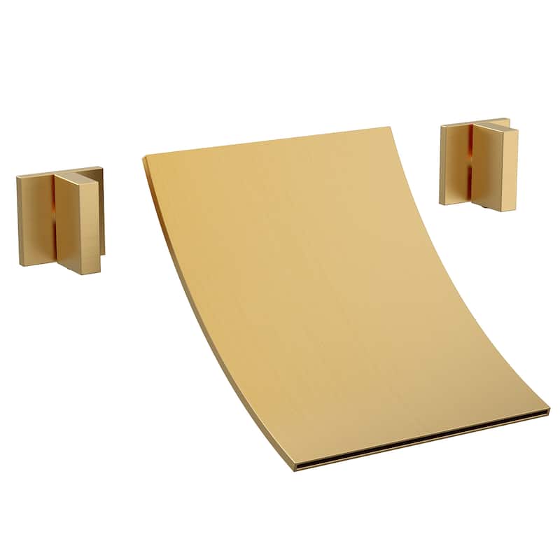 GRANDJOY Wall Mounted Waterfall Bathtub Faucets with Dual Handles and Ultra-Thin Tub Spout - Brushed Gold