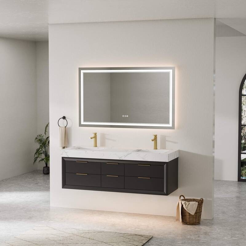 Modland 60" Modern Floating Bathroom Vanity with Double Sink, Soft-Close Drawers, White Stone Countertop