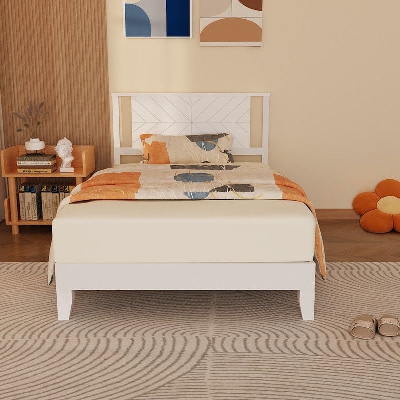 Twin Size Deluxe Bed Frame with Headboard with Solid Wood, No Box Spring Needed, Easy Assembly, White