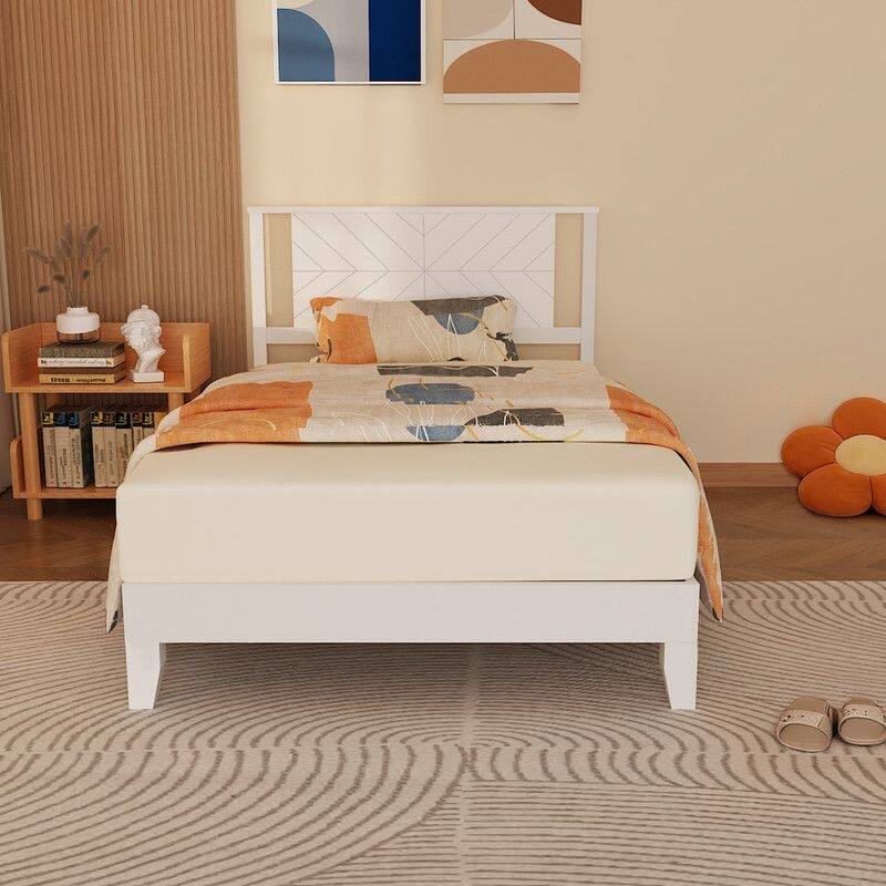 Twin Size Deluxe Bed Frame with Headboard with Solid Wood, No Box Spring Needed, Easy Assembly, White - Twin - White