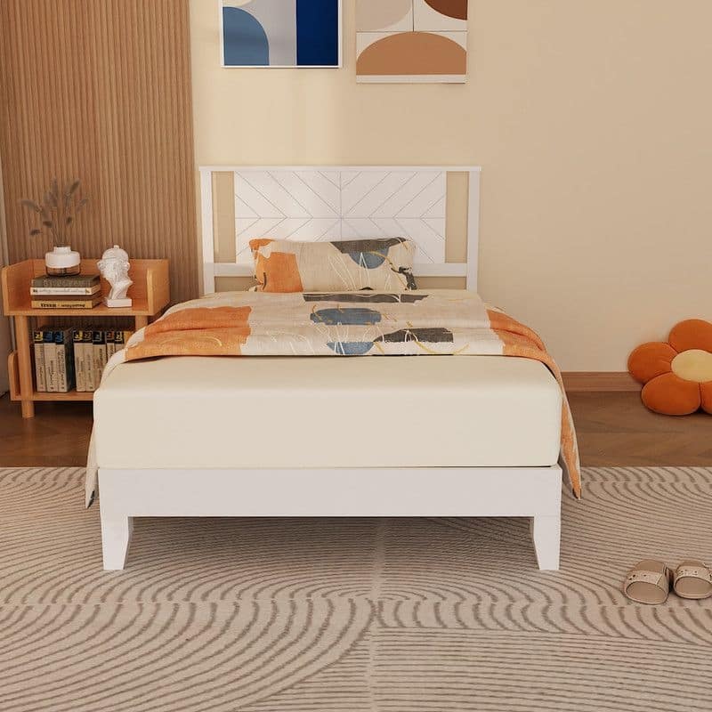 Twin Size Deluxe Bed Frame with Headboard with Solid Wood, No Box Spring Needed, Easy Assembly, White