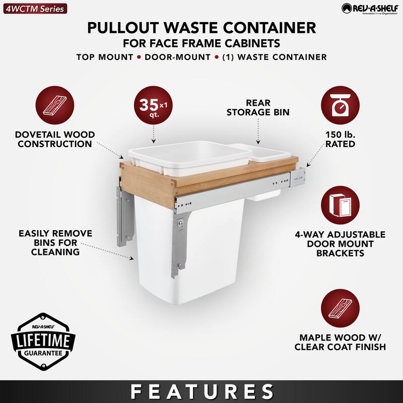Rev-A-Shelf 4WCTM-12DM1-175 35-Qt Top Mount Pullout Waste Container Bin, White