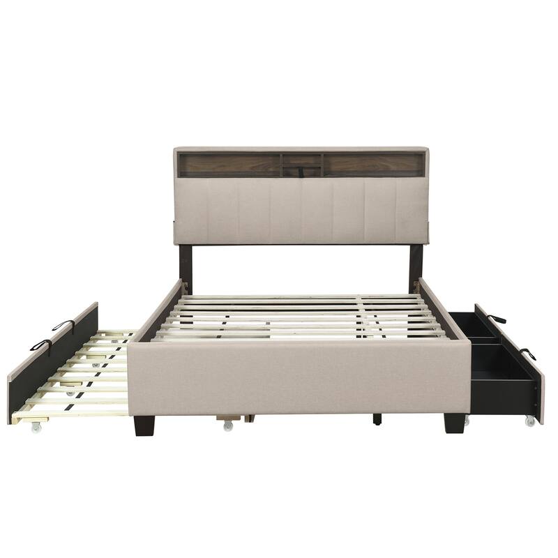 Full size Upholstered Platform Bed with Twin Size Trundle & 2 Drawers