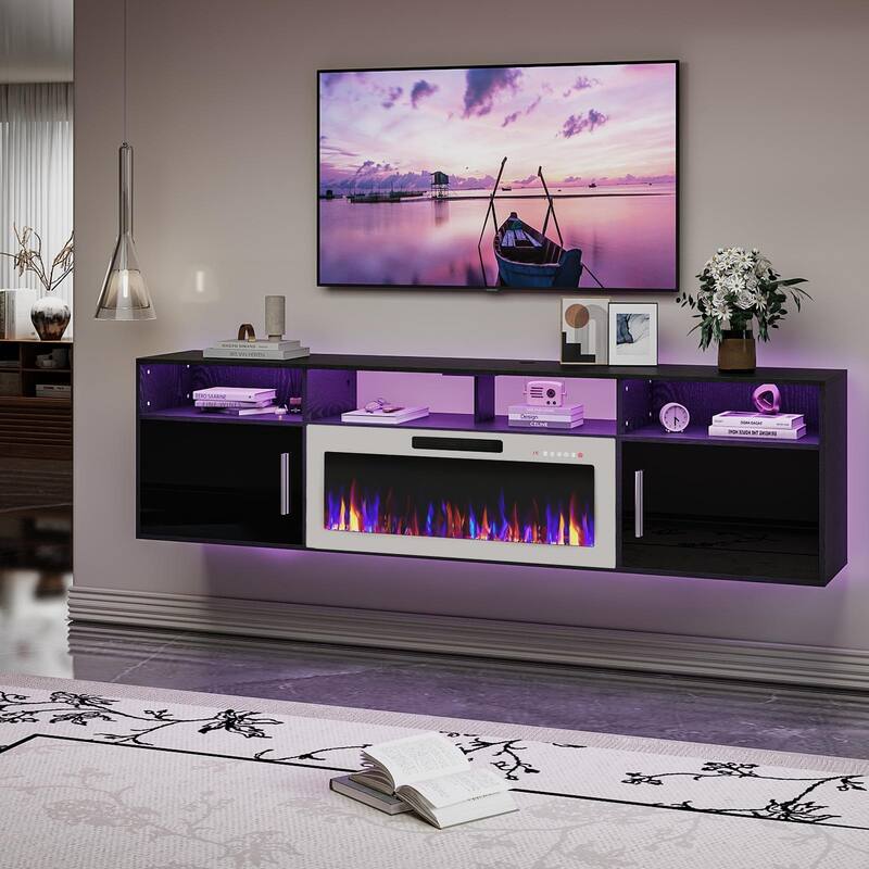 BOSSIN 80" Floating TV Stand with 36" Electric Fireplace, High Gloss Finish Wall Mounted Fireplace TV Stand with Storage