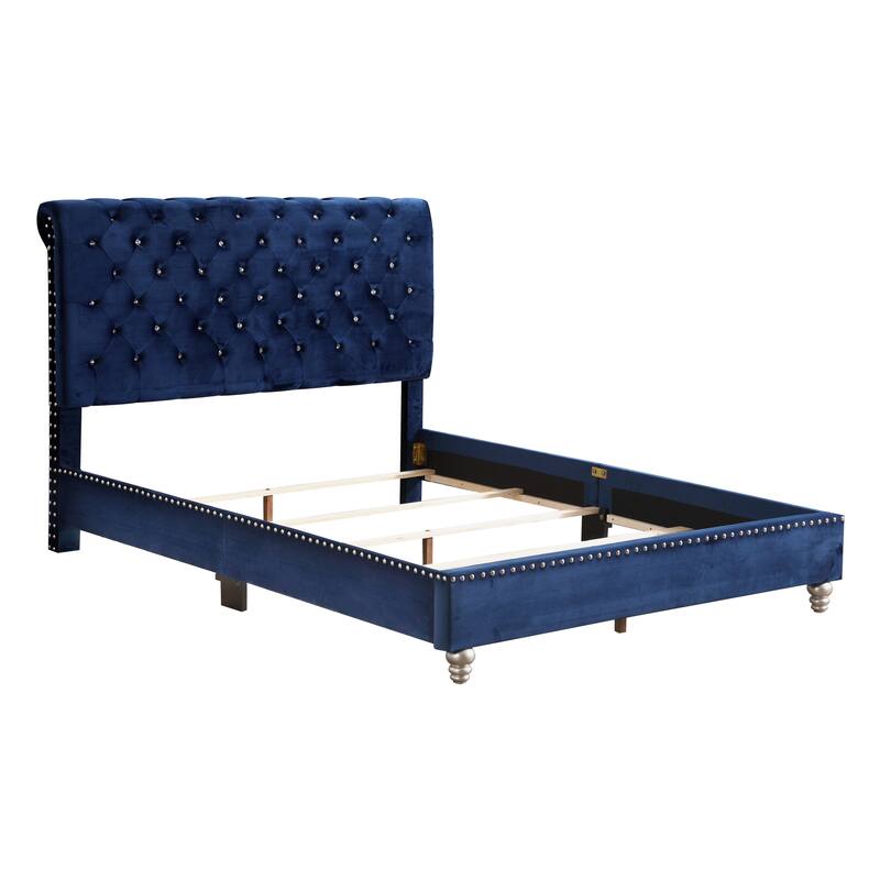 Transitional Navy Blue Upholstered Full Bed