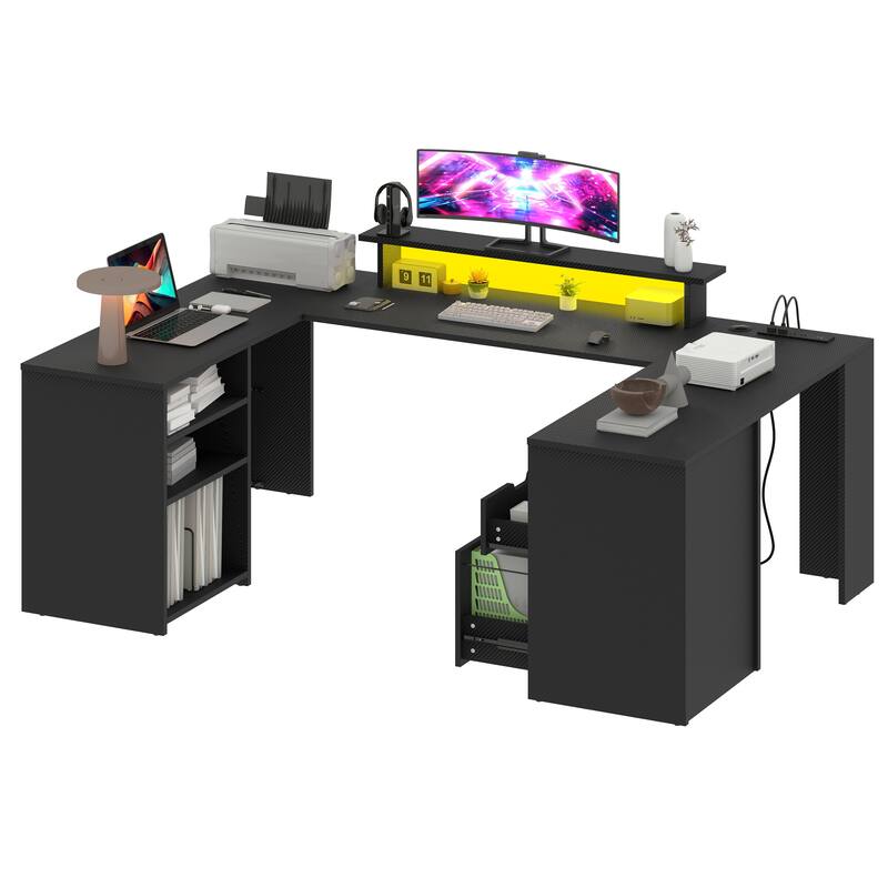 Moasis Farmhouse U-Shaped Desk with LED Lights & Power Outlet