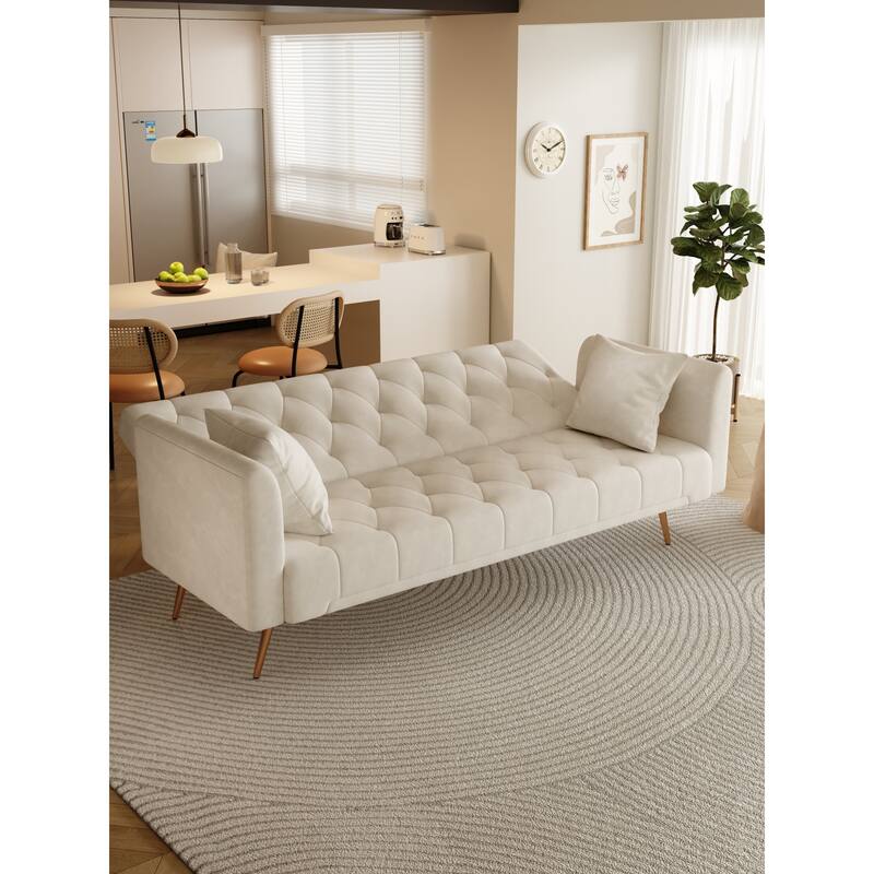 Roomfitters 71-Inch Velvet Convertible Futon Sofa Bed, Modern Loveseat Sleeper Couch with Gold Legs for Small Spaces