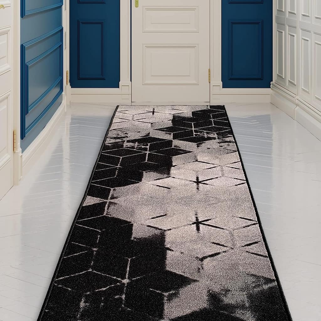 Custom Size Cubes Abstract Design Black,Brown Color Non-Slip Rubber Backing-26 Inch WidexYour Choice of Length Runner Rug
