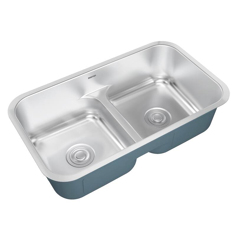 Karran Profile 32” Undermount 18 Gauge Low Divider Double Bowl Stainless Steel Kitchen Sink with Accessories